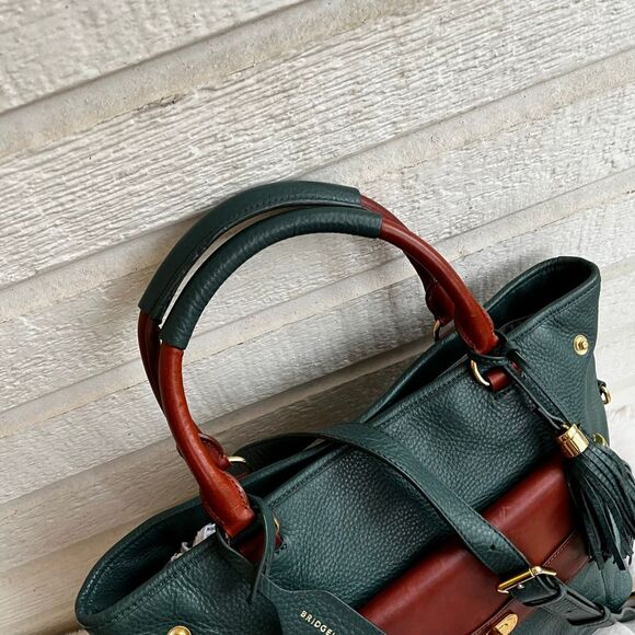 ISAAC MIZRAHI Green Brown Leather Laptop Work Tote Shoulder Bag Bridgehampton - Picture 3 of 12